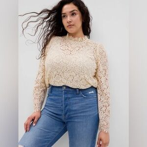 NWT - Gap Puff Sleeve Ruffle Neck Lace Top in Chino Beige - Size L